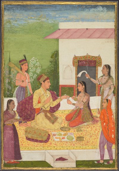 En prins som snakker med en kvinne mens han tar forfriskninger på en terrasse recto..., ca. 1710-1720. av Unbekannt