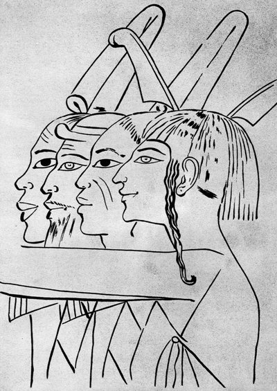 En skisse av afrikanske og asiatiske menn fra graven til kong Seti I, Theben, Egypt, 1936 av Unbekannt