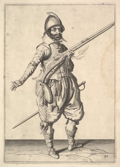 En soldat på vakt som frigjør høyre hånd, fra Marksmen-serien, plate 37, i Wapenhandeli.... av Unbekannt