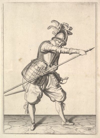 En soldat som skyver høyre hånd langs treningsgjedda, fra Lansquenets-serien, plate 2.... av Unbekannt