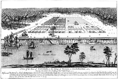 En utsikt over byen Savannah, i kolonien Georgia, South Carolina, 1741, c1880 av Unbekannt
