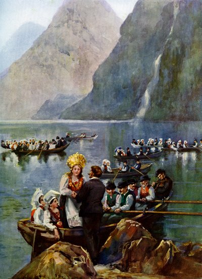En bryllupsprosesjon på båter, Norge av Unbekannt