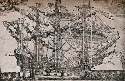 Et tresnitt av et skip som antas å være The Ark Royal, c1587 av Unbekannt