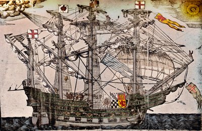 Et tresnitt av et skip som antas å være The Ark Royal, c1587 av Unbekannt