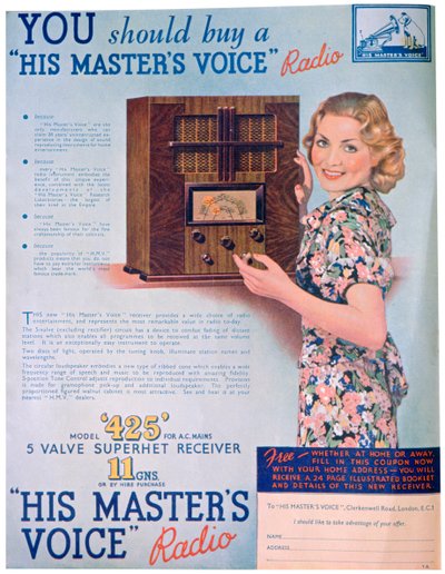 Annonse for His Masters Voice-radioer, 1936 av Unbekannt