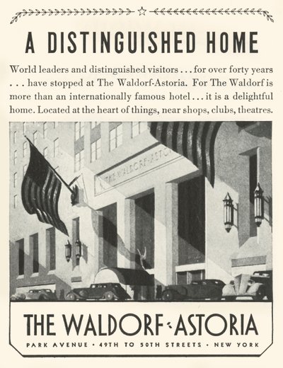 Annonse for Waldorf-Astoria Hotel i New York, 1934. av Unbekannt