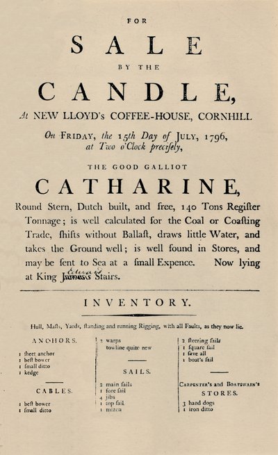 Annonse for salg av Candle i Lloyds, 1796, 1928 av Unbekannt