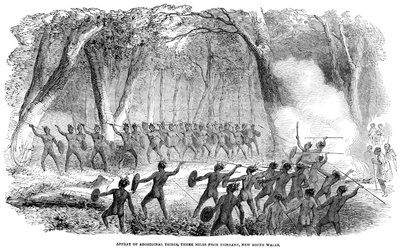 Affray of Aboriginal, tre mil fra Brisbane, New South Wales, 1854 av Unbekannt