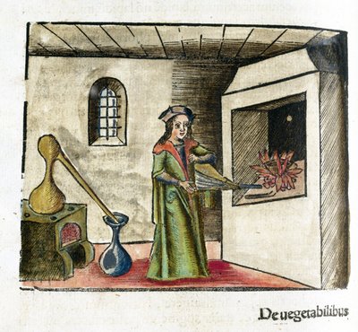 Alkymi 1500-tallet: en alkymist på jobb, aktiverer en belg foran peisen på verkstedet sitt, bak ham, en komfyr og et ildsted av Unbekannt