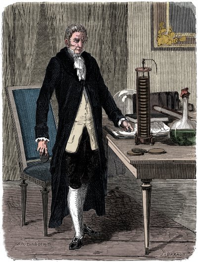 Alessandro Volta, italiensk fysiker, demonstrerer sitt elektriske haugbatteri, c1800 c1870 av Unbekannt