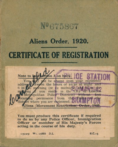 Aliens Order, Certificate of Registration, 1920 av Unbekannt