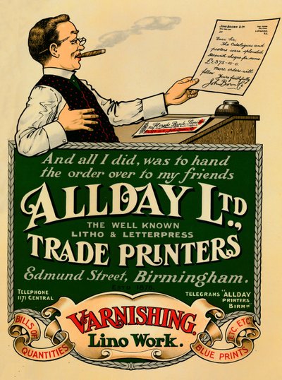 Allday Ltd., Trade Printers-annonse, 1910 av Unbekannt