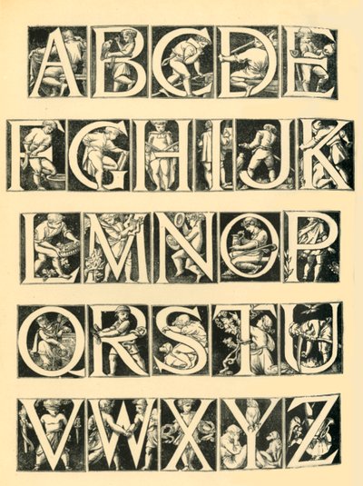 Alfabetdesign for fliser, 1864, 1881. av Unbekannt