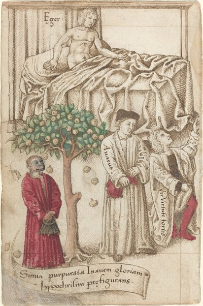 En ape i lilla med en syk mann, en god mann og en gjerrig [fol. 36 verso], ca. 15121515. av Unbekannt