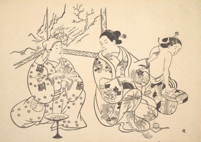 En Oiran som sitter i en salong bruker brannbehandlingen på den blottede ryggen til en annen kvinne. av Unbekannt