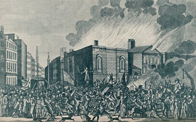 En nøyaktig representasjon av brenningen, plyndringen og ødeleggelsen av Newgate av opprørerne på av Unbekannt