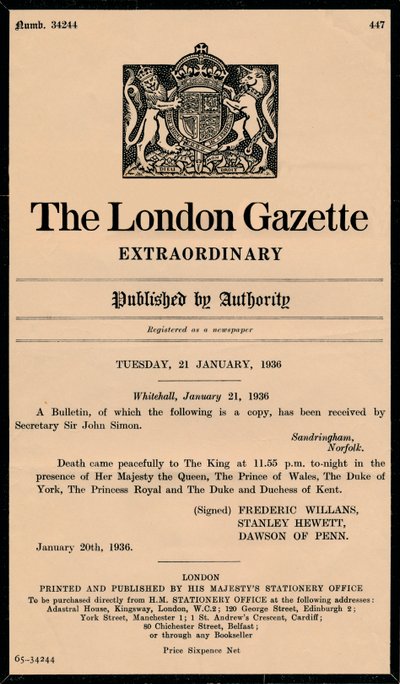 En ekstraordinær bulletin av The London Gazette som kunngjorde døden til kong George V 1865-1936 av Unbekannt