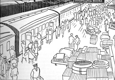 En illustrasjon av en jernbanestasjon fra 1930-tallet, 1937 av Unbekannt