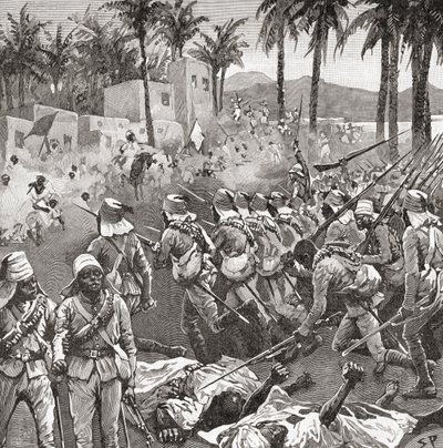 Anglo-egyptiske tropper stormer landsbyen Ferkeh i slaget ved Ferkeh eller Firket, 7. juni 1896, under Mahdist-krigen. av Unbekannt