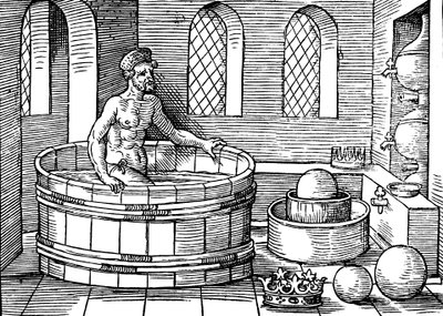 Arkimedes c287-212 f.Kr., gammel gresk matematiker og oppfinner, i badet sitt av Unbekannt