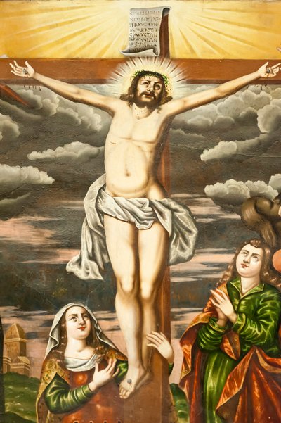 Den armenske apostoliske kirke; veggmaleri; scene fra Det nye testamente; Jesu korsfestelse; Vank katedral; Jolfa eller Ny Julfa; Isfahan; Iran; Asia av Unbekannt