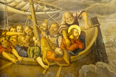 Den armenske apostoliske kirke; veggmaleri; storm; Jesus med sine disipler i båten under en storm; Betlehem kirke eller Bedkhem kirke; Julfa distrikt eller Jolfa; Isfahan; Iran; Asia av Unbekannt