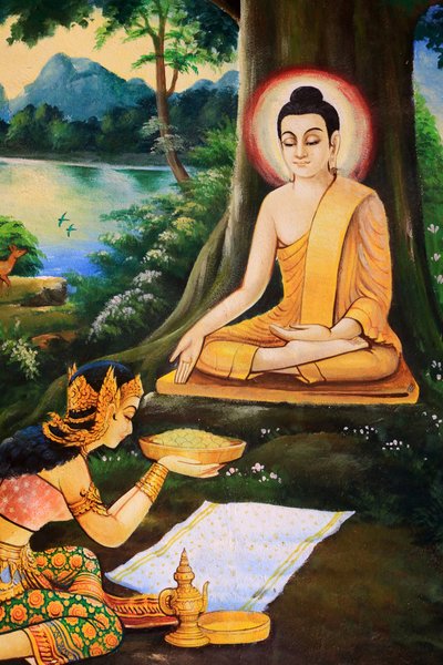 Den asketiske Buddha ble tilbudt en bolle med melk-rismåltid om morgenen hans opplysningstid av Nandabala. Maleri som skildrer livshistorien til Shakyamuni Buddha. Wat Ong Teu vakker. Den tunge Buddhas tempel. Ventiane. Laos, 20151028, Vientiane, Laos av Unbekannt