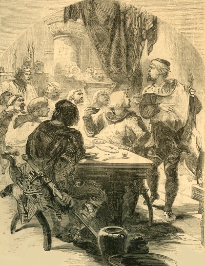På en bankett gitt av Harold, mottar han News of the Invasion of the Normans, c1890. av Unbekannt