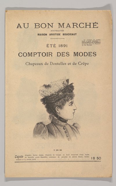 Au Bon Marché-Comptoir des Modes, blonde- og krepphatter, sommeren 1891, 1891. av Unbekannt