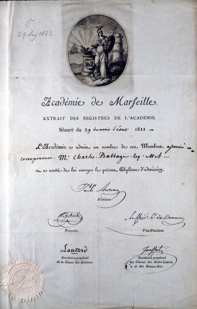 Babbage-diplom fra Academie de Marseilles av Unbekannt