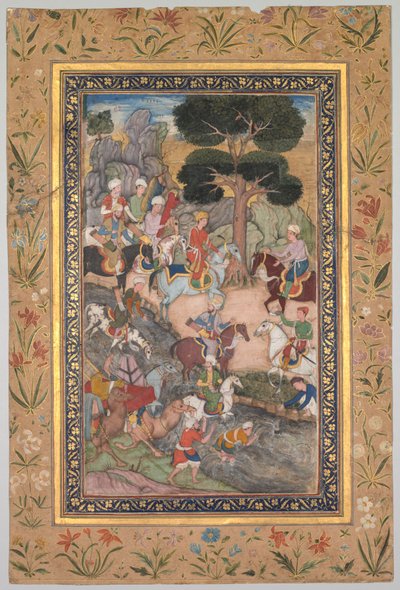 Babur møte med Sultan Ali Mirza ved Kohik-elven, fra Babur-nama Memoirs of Babur, ca. 159 av Unbekannt