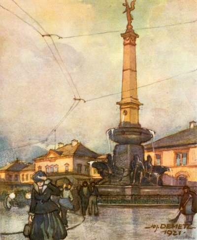 Jernbanestasjon med foreningsfontene, jernbanestasjon med foreningsfontene, c1929. av Unbekannt