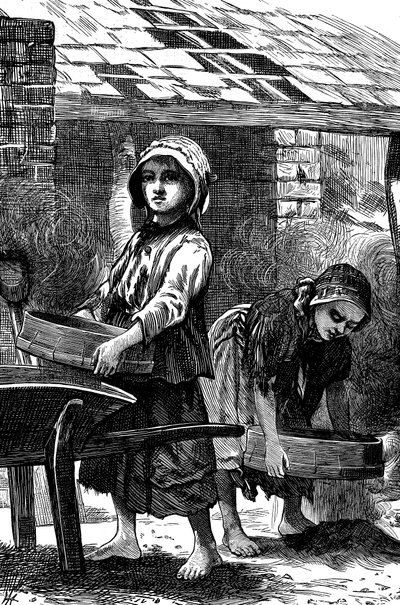 Barbeinte jenter siler støv i en murgård, 1871 av Unbekannt