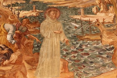 Basilica di Santa Caterina, Galatina, Apulia Fresco i klosteret: St. Anthony forkynner for fisken Malt av BrJoseph av Gravina i 1696, Galatina, Italia av Unbekannt