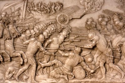 Basilica of St, Denis, Graven til Frans 1, konge av Frankrike og Claude av Frankrike, Foundations lavrelieff, Skildring av slaget ved Marignano i 1515 - franskmennene og deres artilleri vendt mot det gamle sveitsiske konføderasjonen, Saint-Denis, Frankrike av Unbekannt