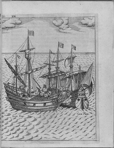 Kamp mellom Francis Drakes-skipet Golden Hind og det spanske skipet Cacafuego. Fra Levinus Hulsiu av Unbekannt