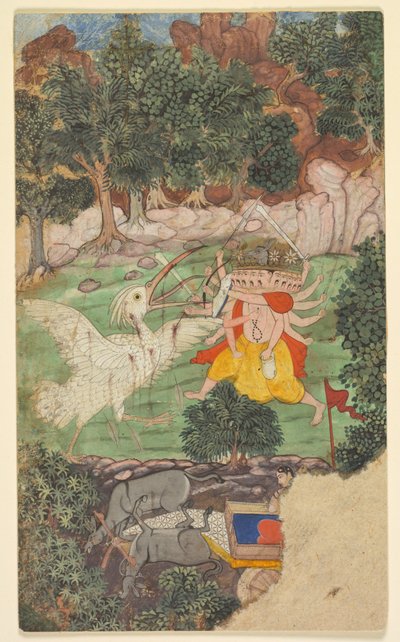 Slaget ved Ravana og Jatayu, fra sarga kapittel 49 i Aranya-kanda Book of the Forest..., ca. av Unbekannt