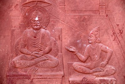 Bhagavad Gita gravert på et hinduistisk tempel: Dialog mellom Krishna og Arjuna Vrindavan i dag av Unbekannt
