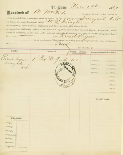 Konnossement, dampbåt M [ary] E. Forsyth, Sunnyside, Arkansas, 1. november 1864 av Unbekannt