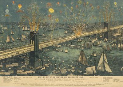 Fugleperspektiv av Great New York og Brooklyn Bridge, og Grand Display of Fireworks ..., 1883. av Unbekannt