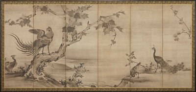 Fugler, blomster og trær: på baksiden, bambustrær, Momoyama-perioden, 1568-1615. av Unbekannt