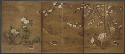 Fugler, årstidenes blomster og sivetkatter, Muromachi- eller Momoyama-perioden, 1500-tallet. av Unbekannt