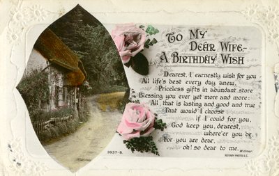 Bursdagspostkort fra en mann til hans kone, c1918 av Unbekannt