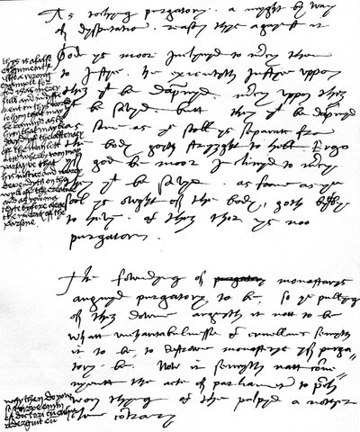 Biskop Latimers argumenter mot den katolske læren om skjærsilden med marginalnotater laget av kong Henry VIII, ca. 1538 (penn og blekk på papir) av Unbekannt