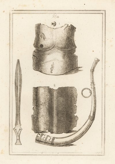Brystplate og ryggstykke av gammel romersk kurass 1,2, romersk lituus eller militærtrompet 3 og gammelt messingsverd 4 av Unbekannt