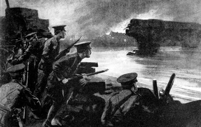 Britiske tropper på elvebredden forberedte seg på tysk fremrykning, Belgia, første verdenskrig, 1914 av Unbekannt