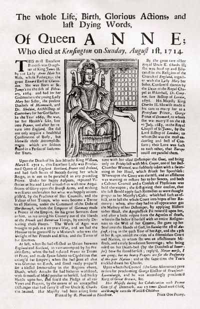 Broadside publisert om dronning Annes død, 1714 1906 av Unbekannt