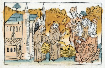 Brødutdeling til de fattige av brødre i klosteret. Rundt 1477 av Unbekannt