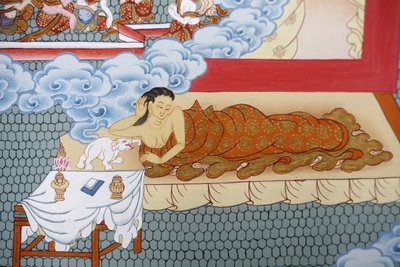 Buddhas mor drømmer om en hvit elefant. Thangka, Bhaktapur, Nepal av Unbekannt