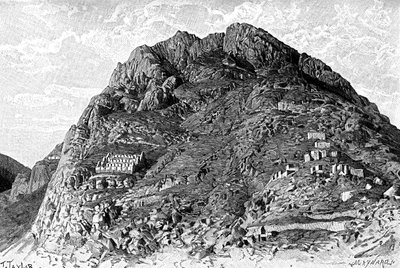 Inkaenes bygninger på Cerro De Las Carceles ved Ollantaytambo, Peru, 1895 av Unbekannt